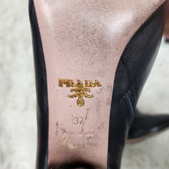 Prada heeled lace up booties leather Sz 37 black A30 - Picture 7 of 7
